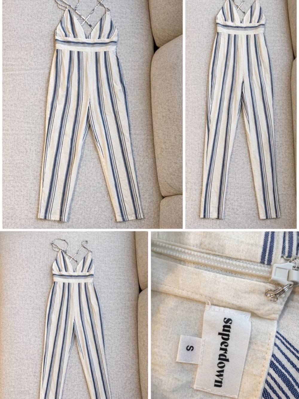Cream & Blue Striped Sleeveless Jumpsuit